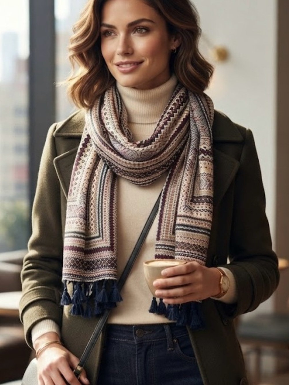 Bohemian Geometric Square Scarf Tapestry with Tassels Boho Accent Piece Aztec